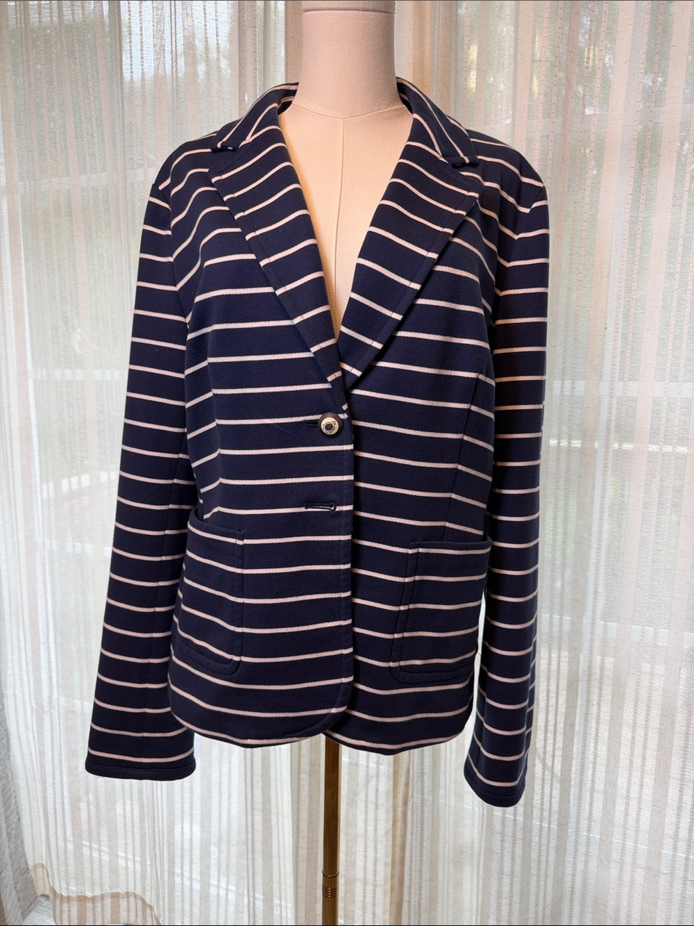 Charter Club Navy and White Striped Knit Blazer